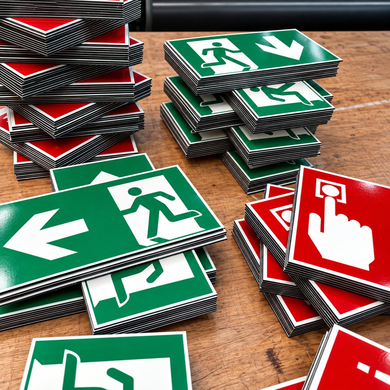 Stacks of laminated green and red printable exit and running-figure directional signs, ready to deploy.