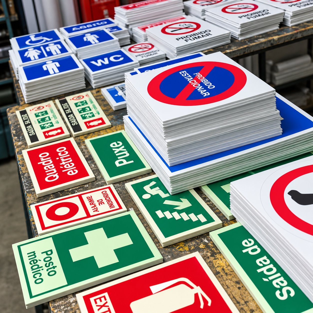 A collection of standard printable safety signs on a workshop bench, including no smoking, restroom accessibility, and first aid markers.