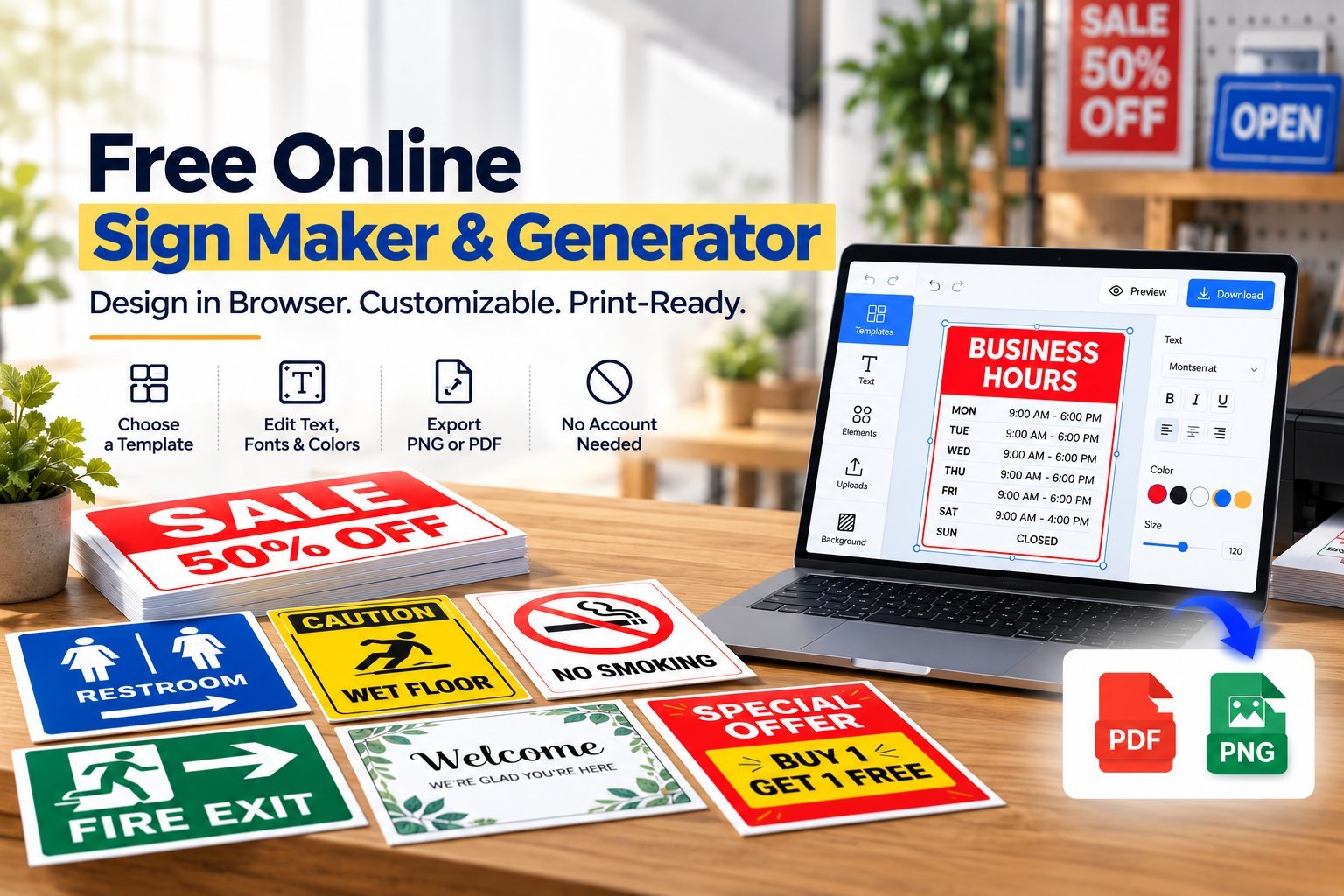 A workspace scene of a free online sign maker running in a browser on a laptop, with a sign editor canvas, sample SALE signs, icons, and PNG and PDF export options visible on the screen.