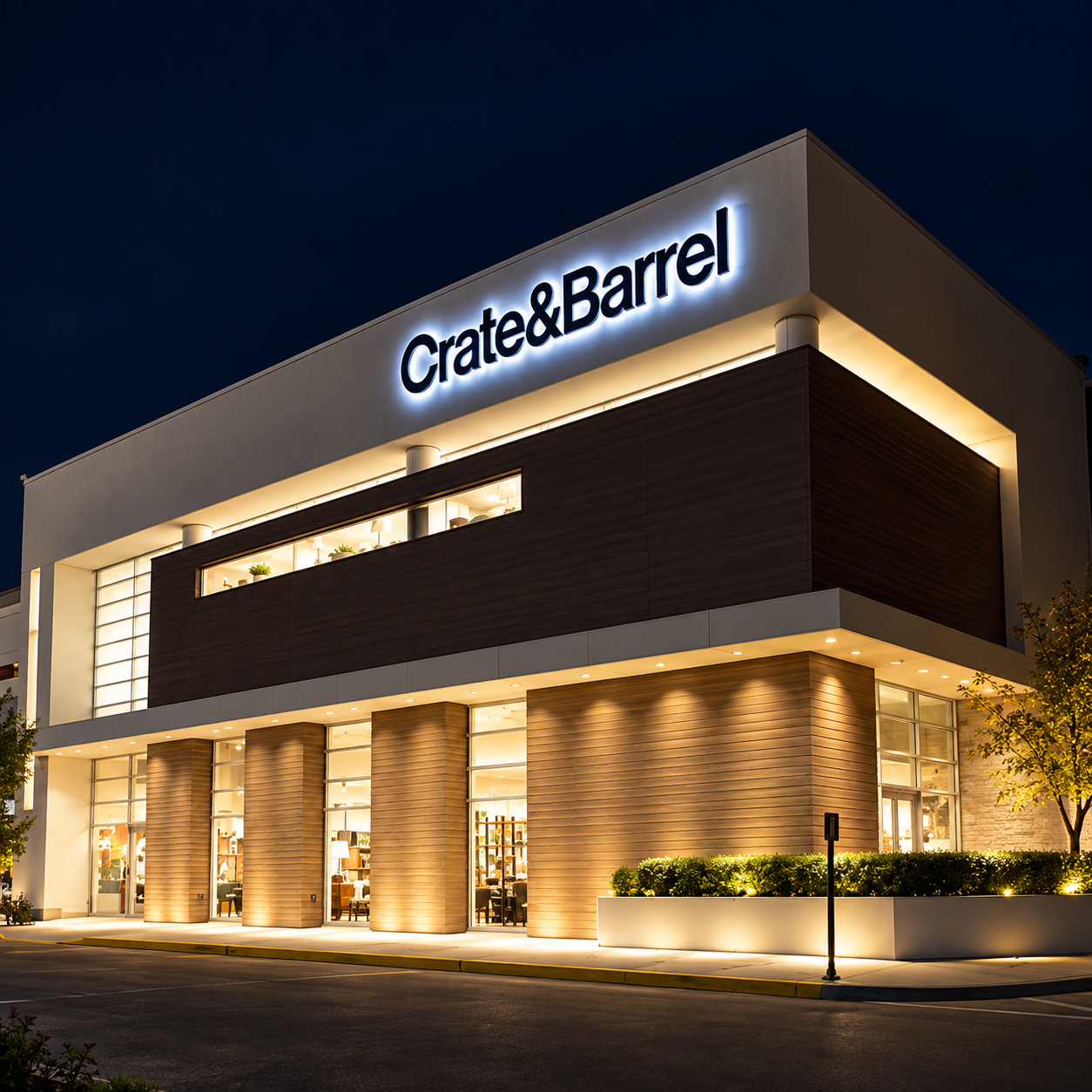 Illuminated Crate and Barrel building sign on a commercial storefront at night.
