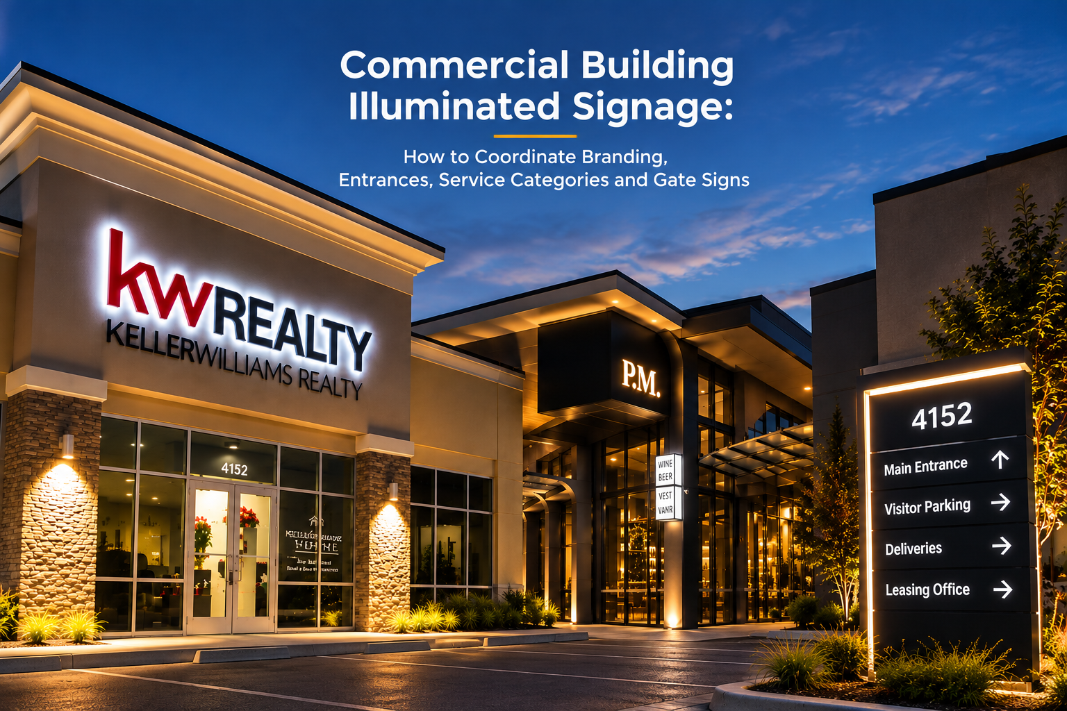 Commercial building illuminated signage system with wall branding, entrance signage and a gate direction sign.