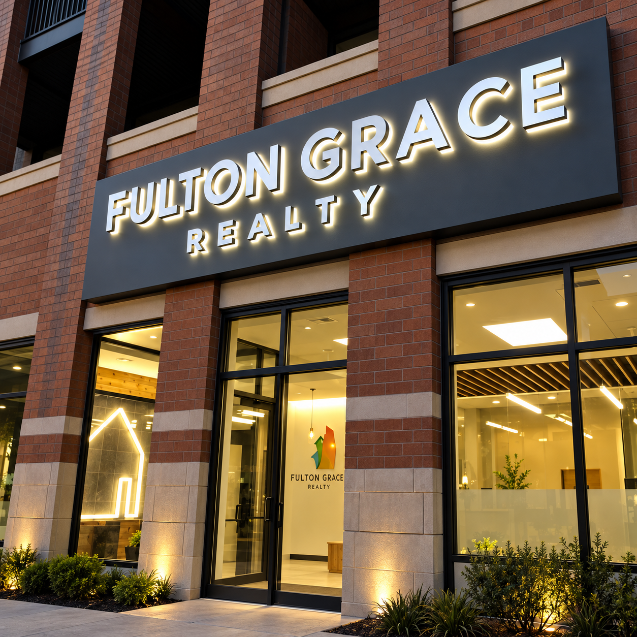 Illuminated Fulton Grace Realty building sign with halo-lit letters over an entrance.