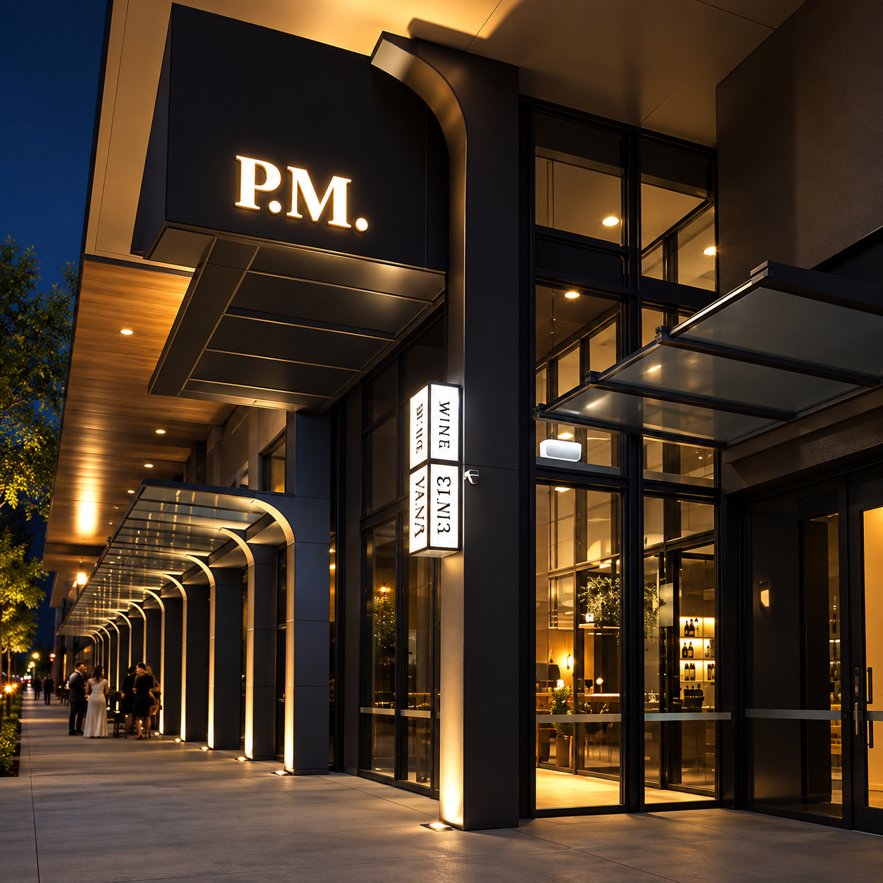 Illuminated entrance canopy signage and small projecting signs on a commercial building.