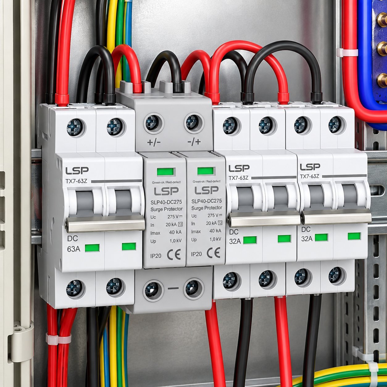 DC Surge Protectors at Equipment Level DC surge protector modules mounted on a DIN rail with red and black wiring.