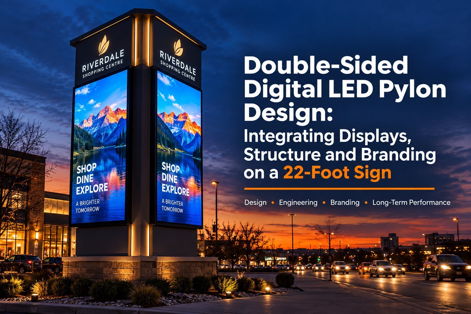 Cover graphic showing a double-sided digital LED pylon sign for a shopping centre at dusk.