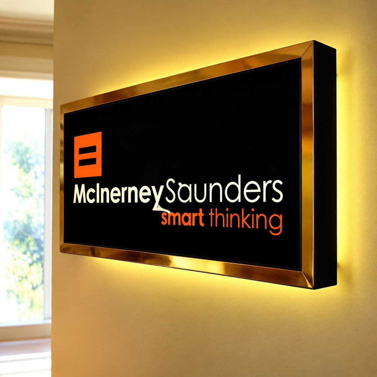 Illuminated McInerneySaunders wall sign with warm backlight glow on an interior office wall.