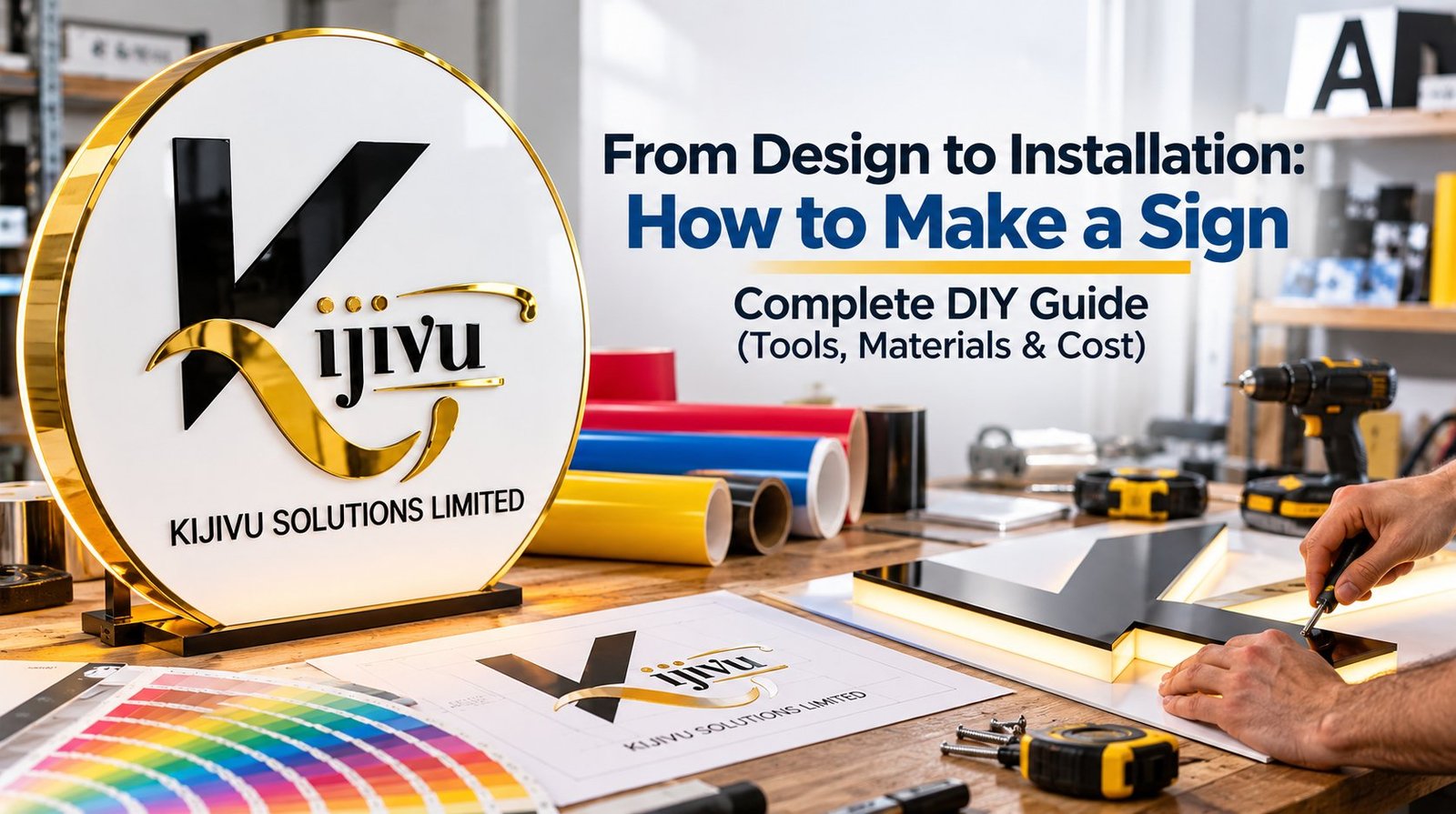 Workshop scene with a finished KIJIVU round sign, vinyl rolls, tools and a designer sketching on a worktable — DIY sign-making setup.