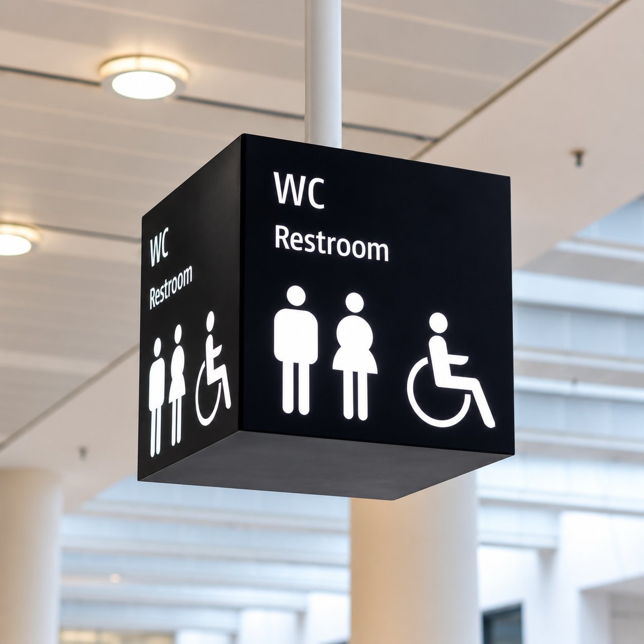 Black hanging wayfinding cube sign for restrooms in a commercial interior.