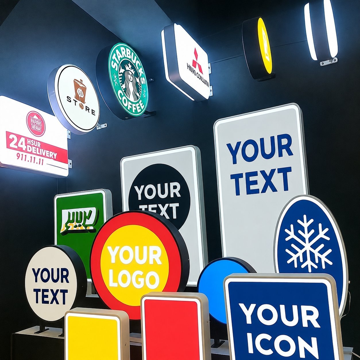 Reference showroom of finished illuminated signs including channel-letter logos and placeholder displays.