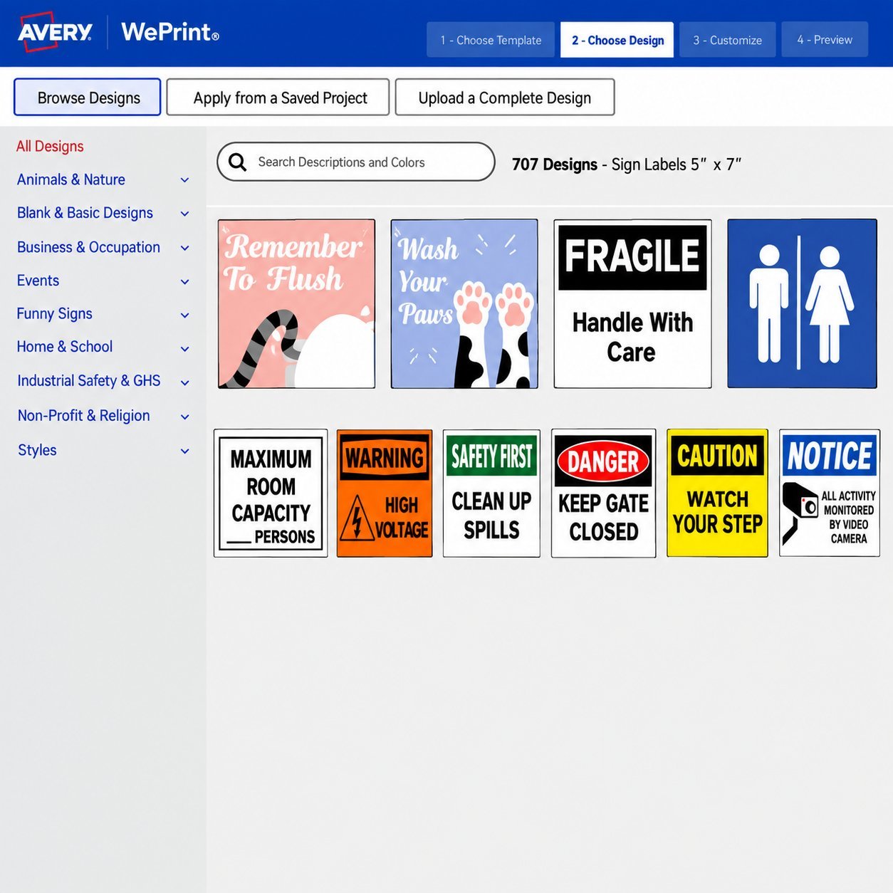 Avery WePrint online sign tool showing template categories and sign designs available to customize.