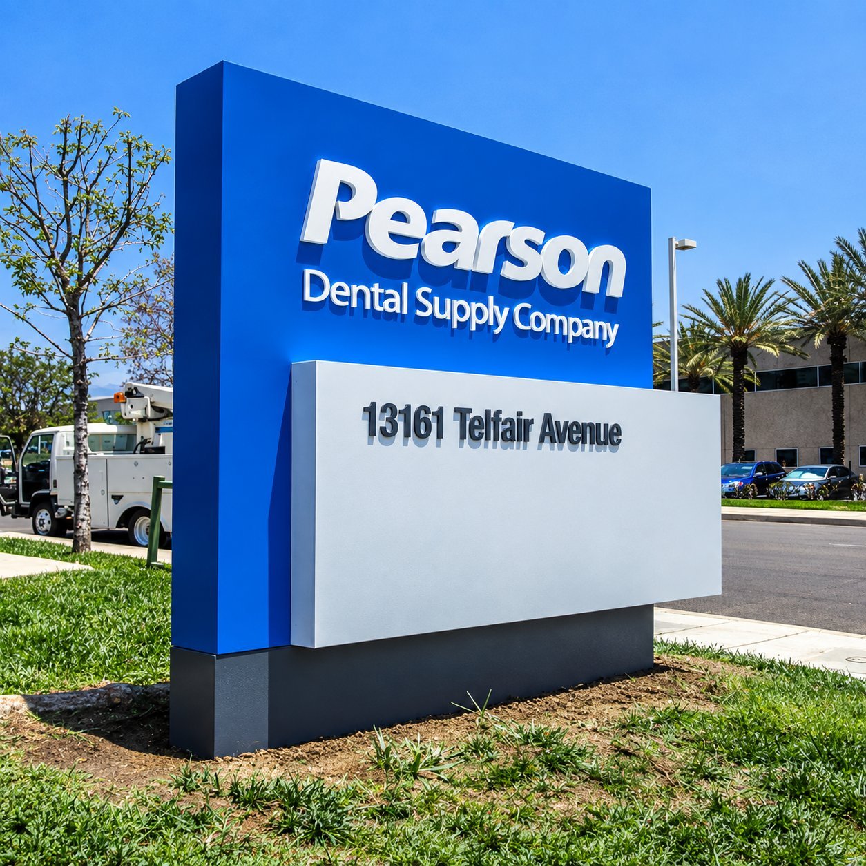 Pearson Dental Supply monument sign in blue and white aluminum at street-side entry.
