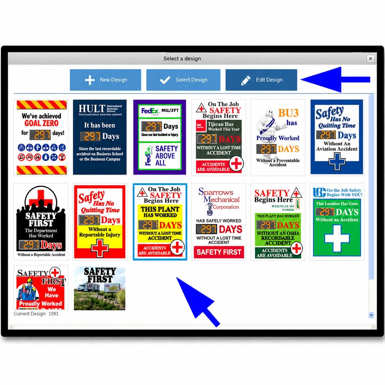Online sign design selection UI with editable safety sign templates.