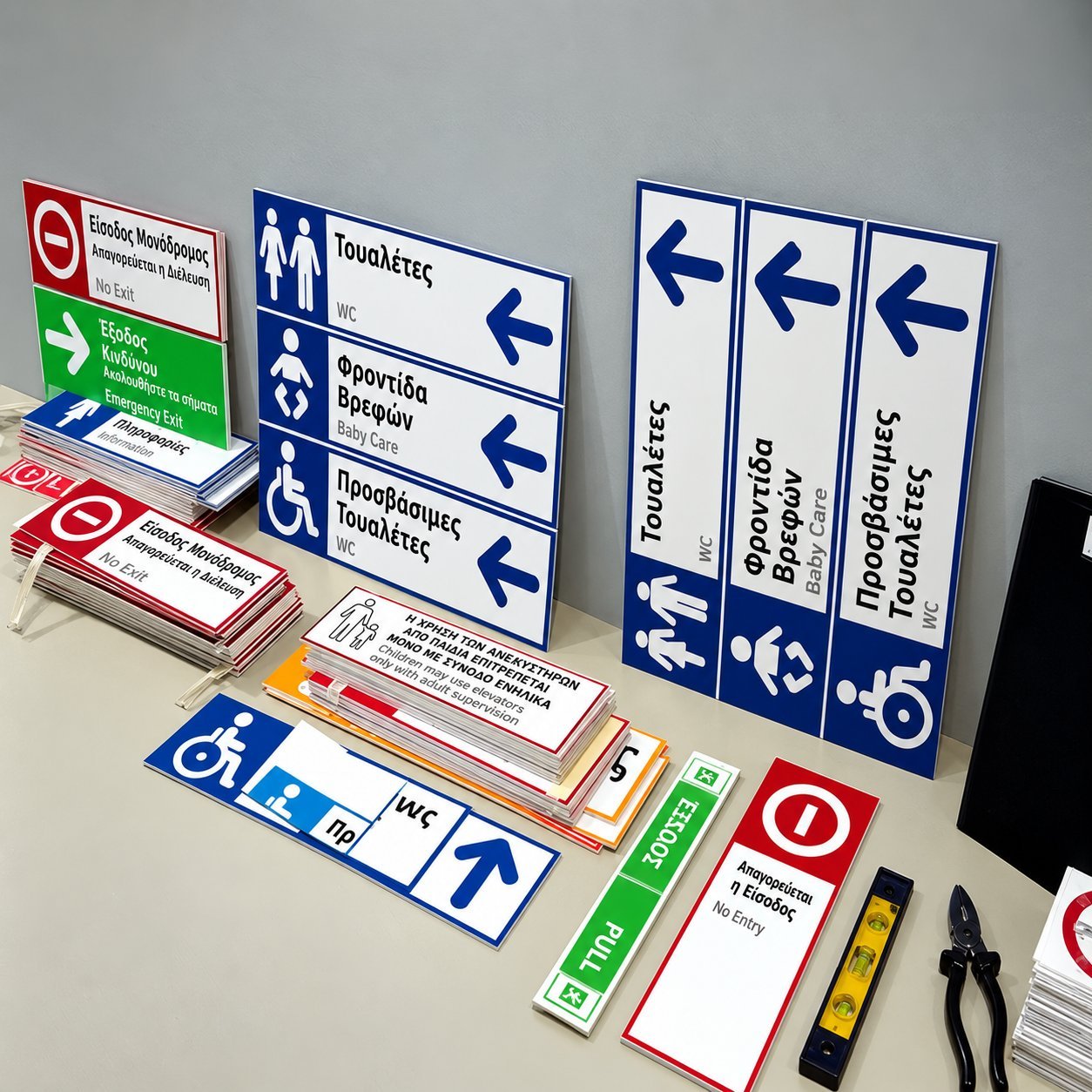 Greek and English bilingual wayfinding signs ready for shipment, an example of factory-produced signage.