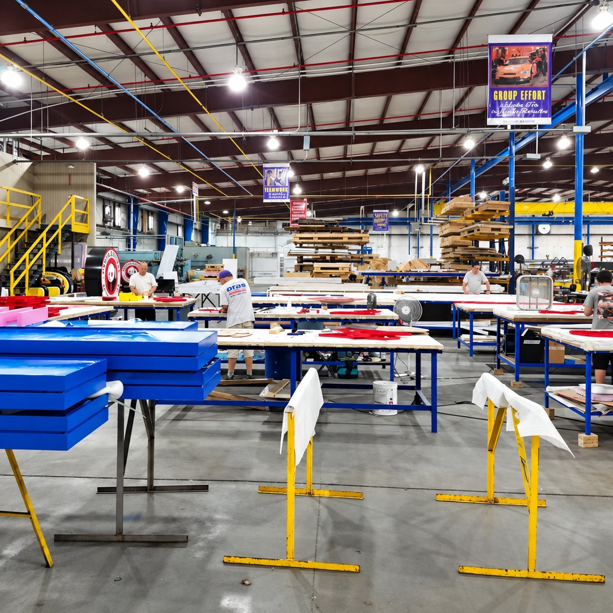 Hicen factory floor with workers cutting sign blanks and assembling finished signs.