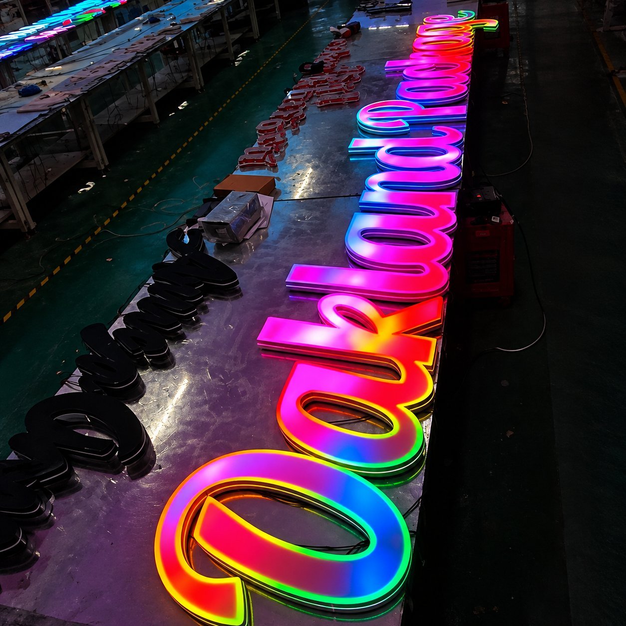 RGB neon channel letters spelling 