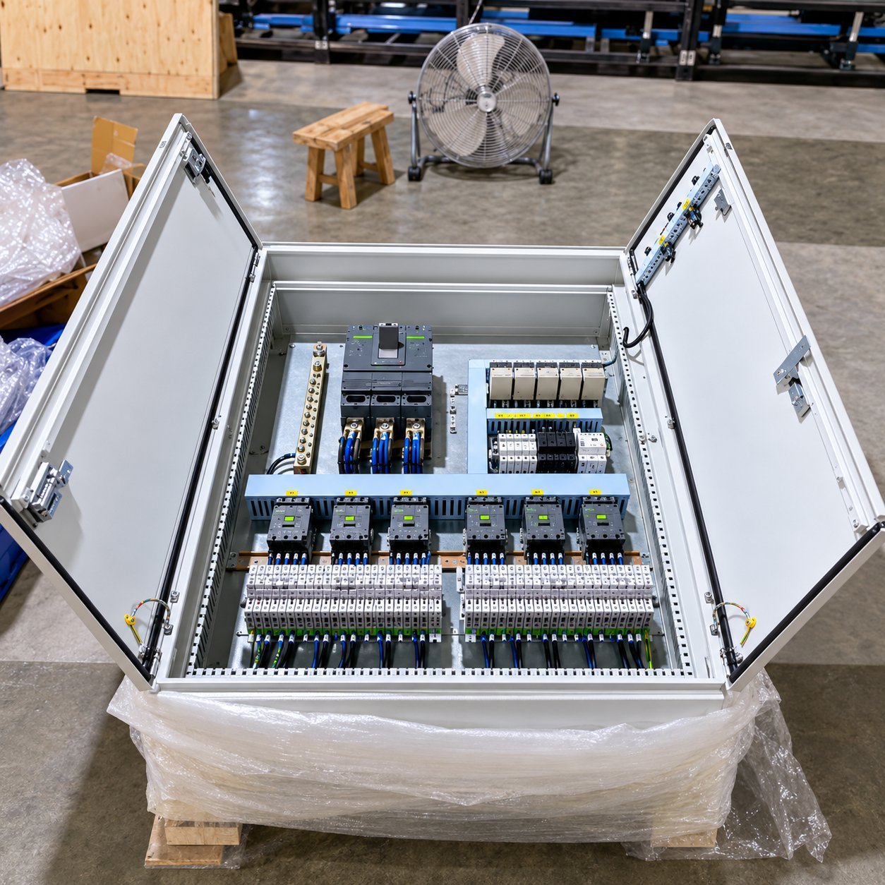 Industrial Control Cabinet Open industrial control cabinet showing breakers, contactors and terminal blocks.