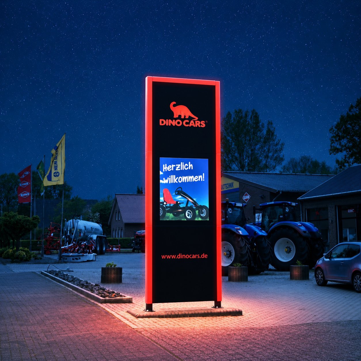 Single-Face LED Pylon with Frame Single-face LED pylon with full-perimeter LED frame, used for branding at an automotive dealership.