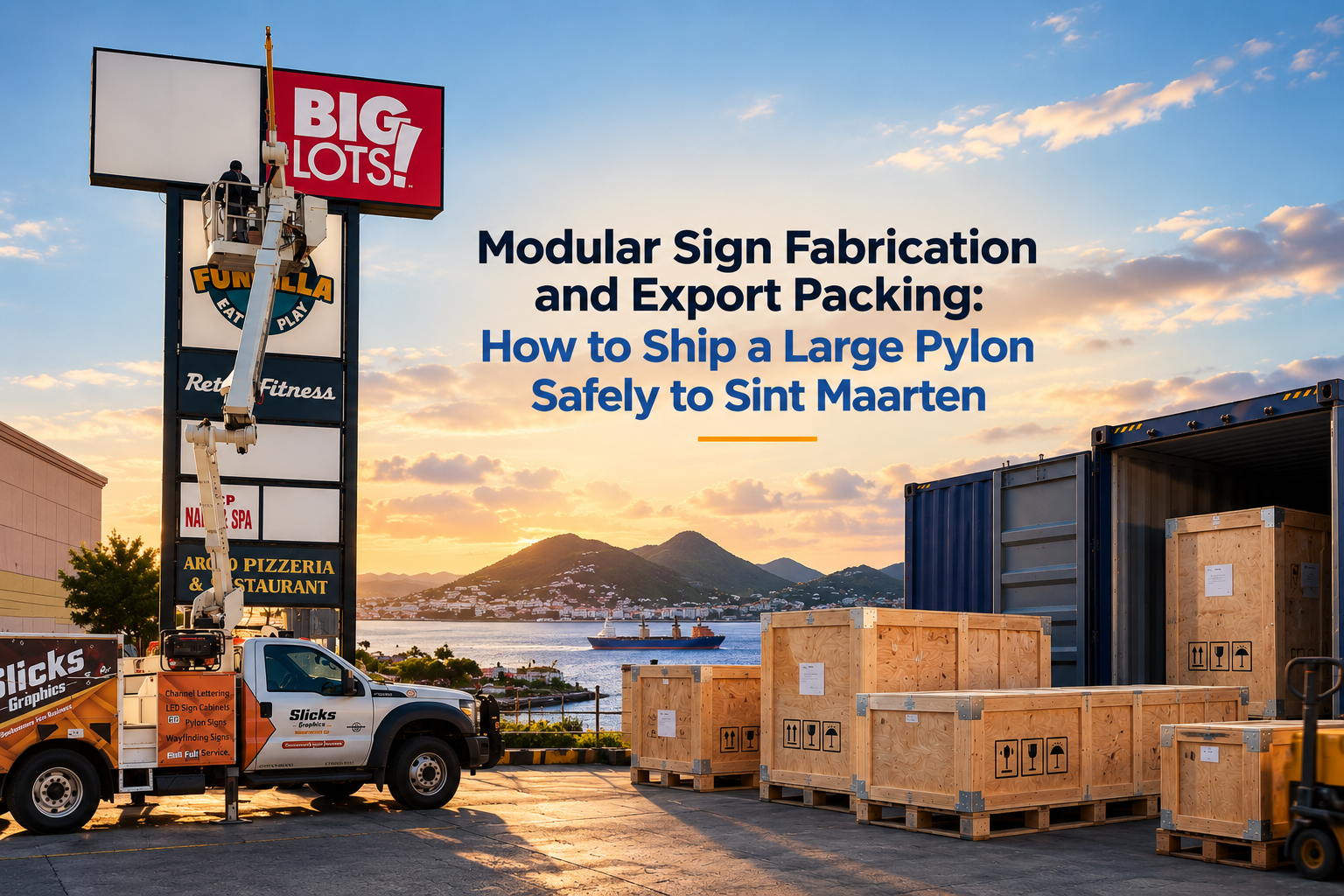 Modular sign fabrication and export packing illustration with a large pylon, shipping crates and a container.