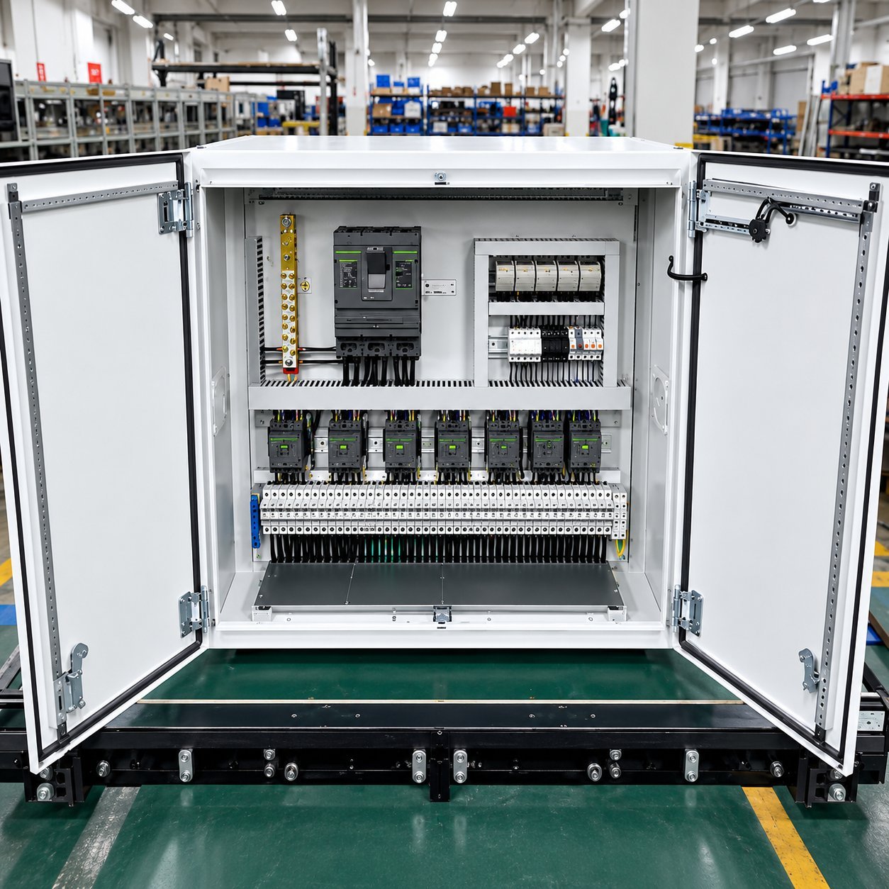 Outdoor-Rated Enclosure Open outdoor-rated electrical enclosure showing main disconnect, breakers and contactor rows.