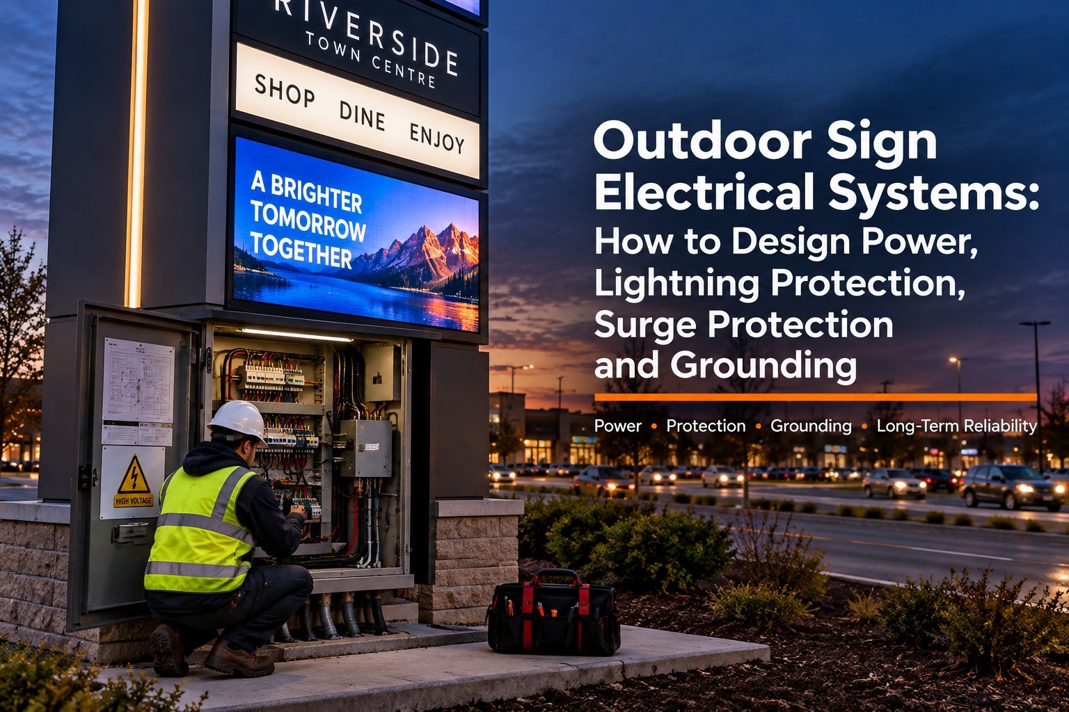 Cover graphic showing a technician working on the open electrical cabinet of an outdoor LED sign at dusk.