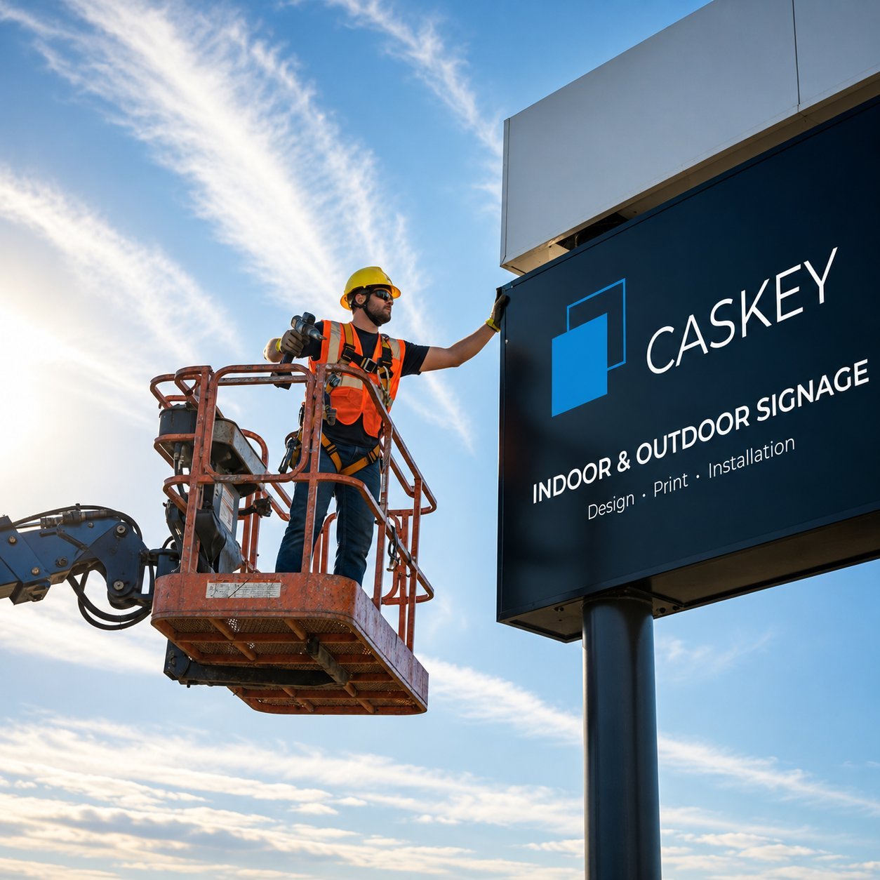 Sign Installer on Boom Lift Sign installer on a boom lift attaching a Caskey indoor and outdoor signage panel.