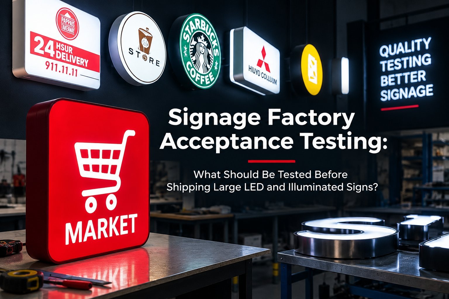 Cover graphic showing illuminated signs on display with a Hicen quality-testing message.