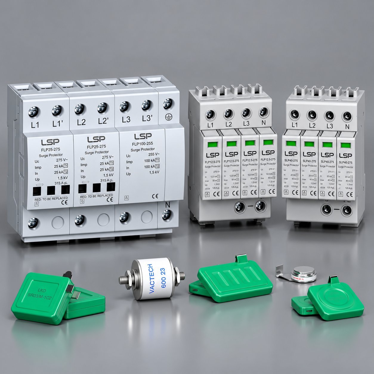 SPD, Lightning Arrester and Earthing AC and DC surge protectors alongside a lightning arrester and green earthing components.
