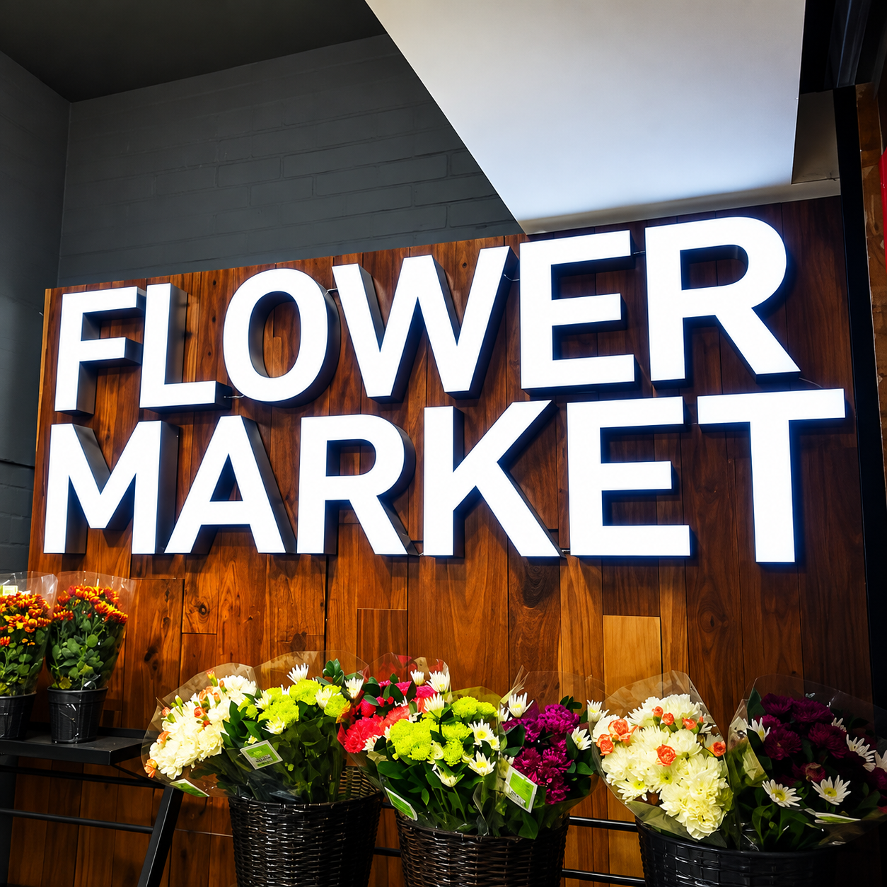 Front-lit white channel letter storefront sign mounted on a dark wood wall
