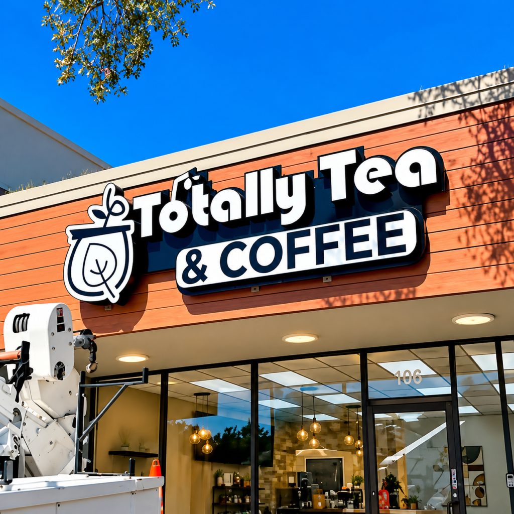 Dimensional storefront letters with side logo on a cafe facade in daylight