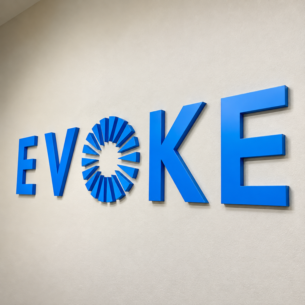 Painted blue acrylic storefront letters reading 'EVOKE' with a sun-burst O logo, standoff-mounted on a white wall