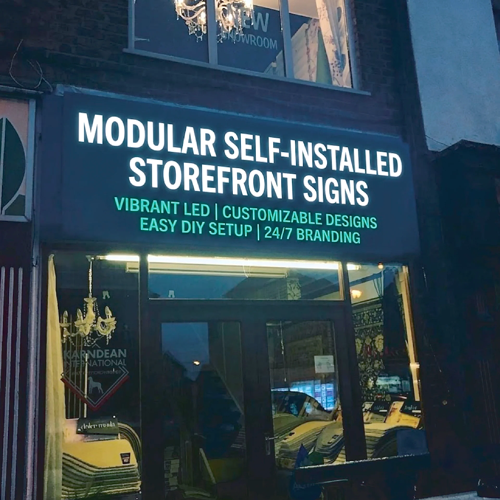 Custom illuminated LED storefront sign with white channel letters