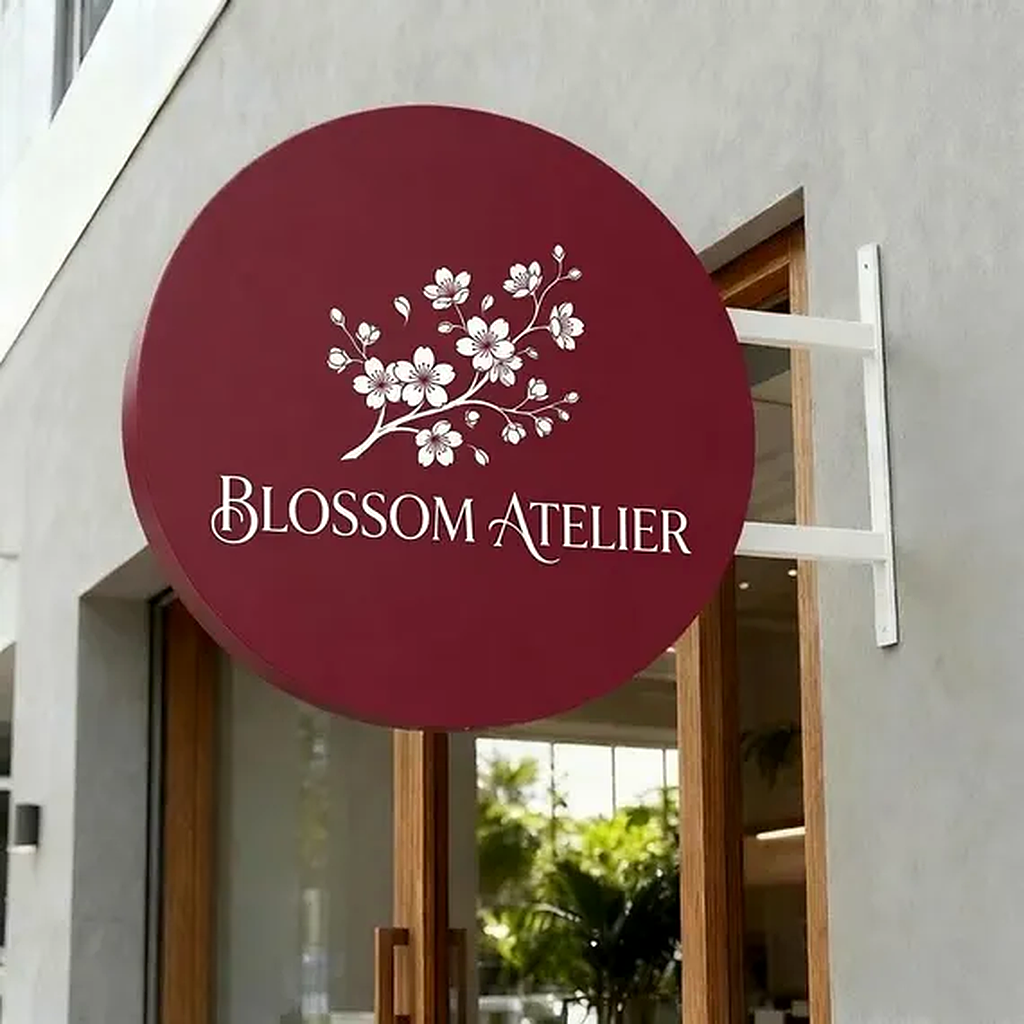 Round projecting storefront sign mounted on a boutique building wall