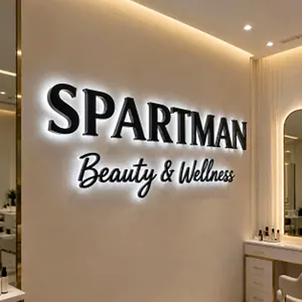 Halo-lit dimensional storefront letters for a beauty and wellness business