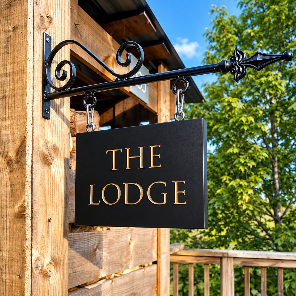 Hanging sign suspended from a wooden overhead structure