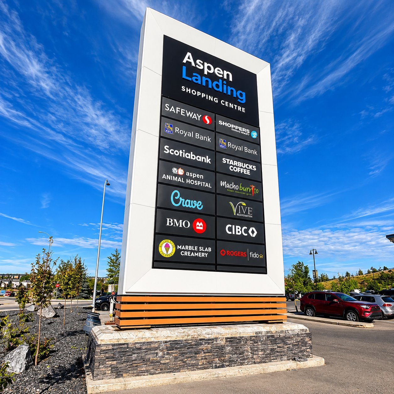 Tall multi-tenant pylon sign at a shopping center