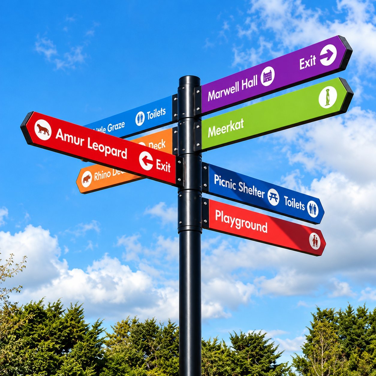 Multi-directional wayfinding fingerpost for a public venue