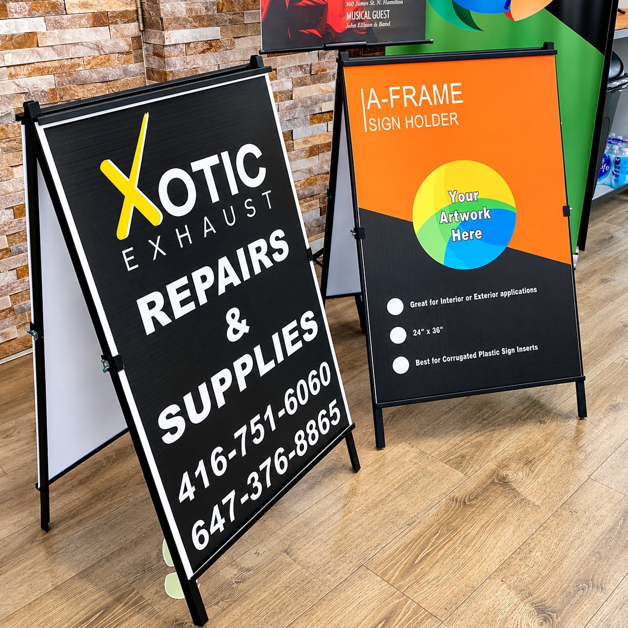 A-frame sandwich board sign on a commercial sidewalk