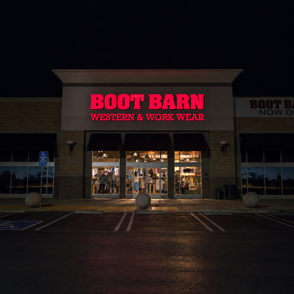 Red illuminated box storefront sign on a retail chain storefront