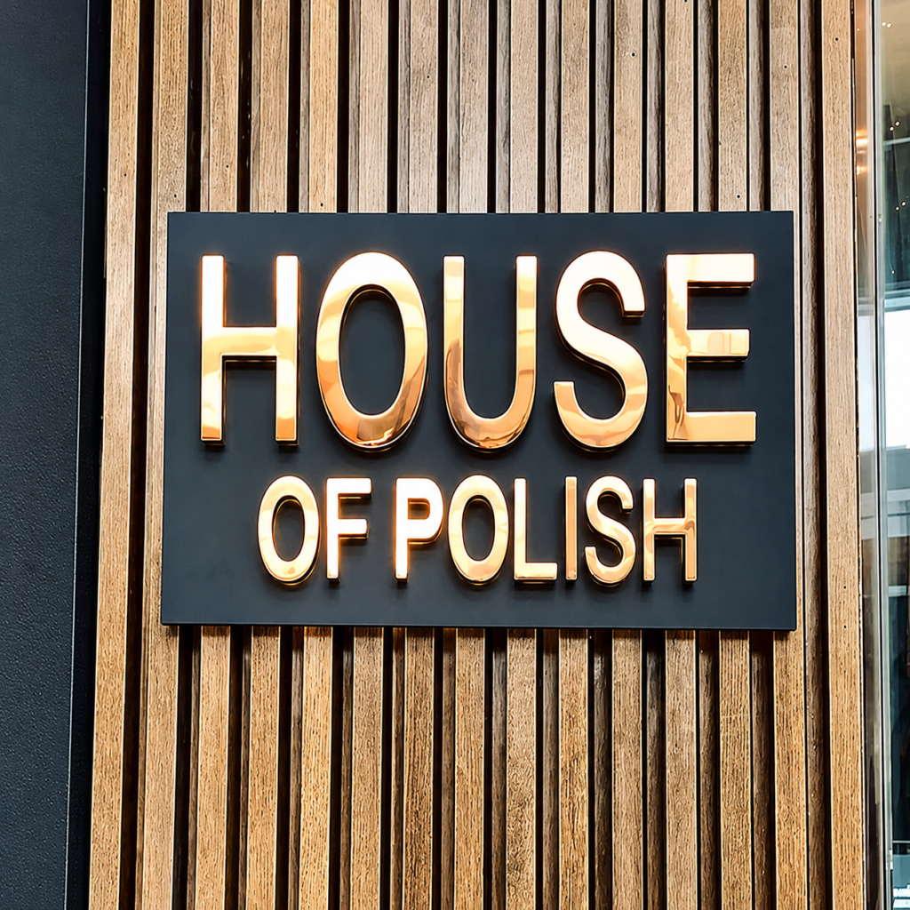 Polished brass-tone metal storefront letters reading 'HOUSE OF POLISH' on a dark navy panel mounted to a wood-slatted shopfront