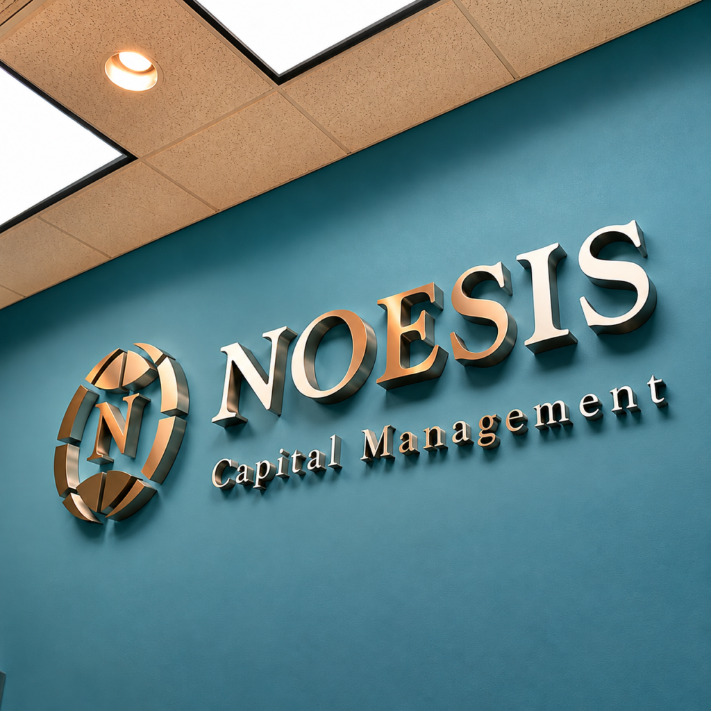 Silver polished dimensional storefront letters reading 'NOESIS Capital Management' on a teal interior wall