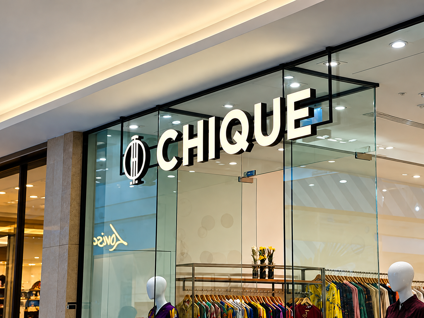 White 3D solid letters on a glass storefront