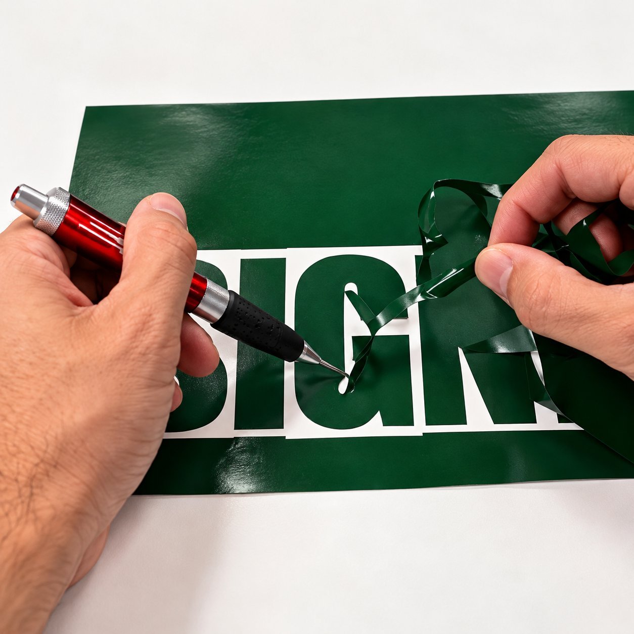 Craft knife weeding excess vinyl from a freshly cut green film — fine detail serifs and tight interior cuts are visible.