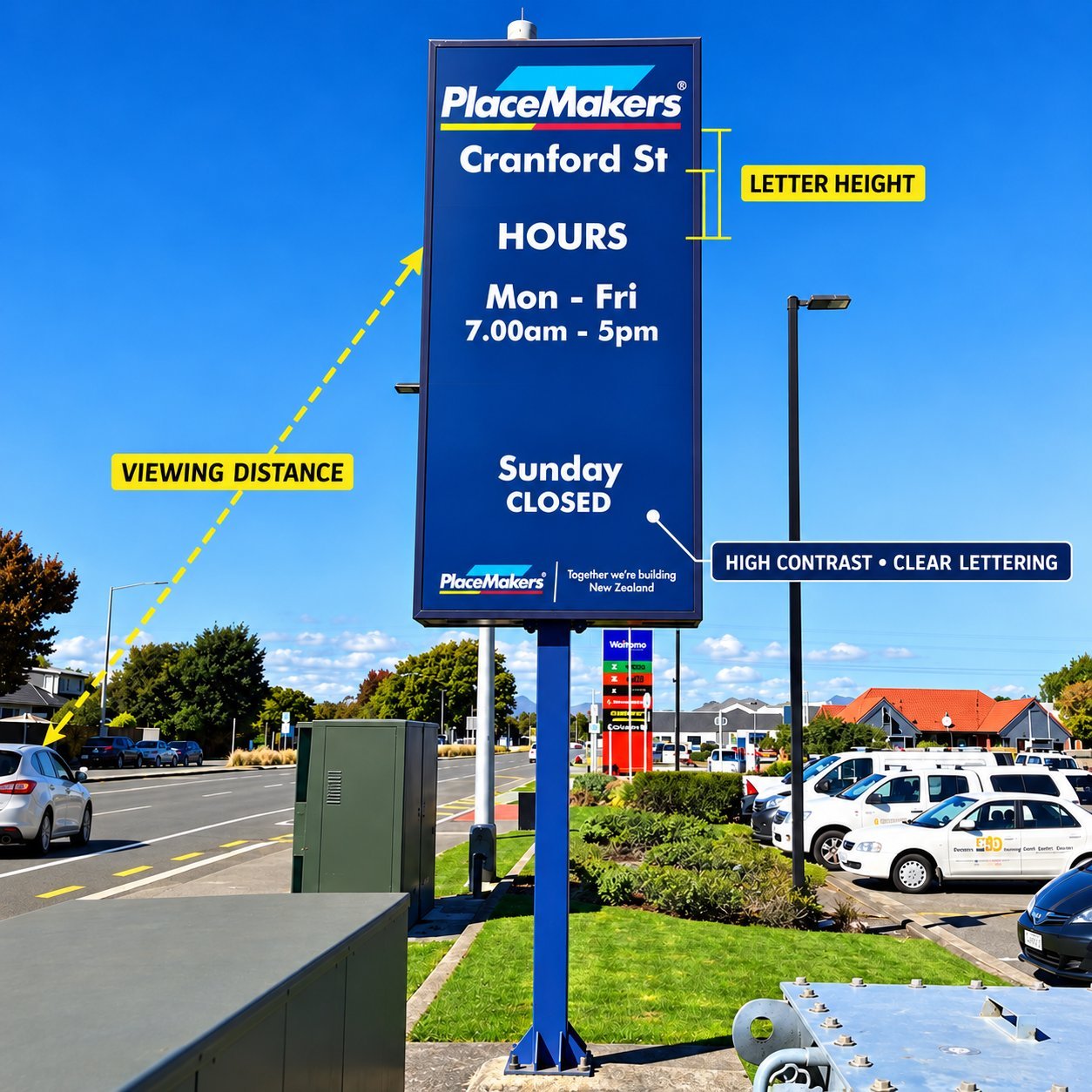 Tall blue PlaceMakers Cranford St roadside sign annotated with a yellow VIEWING DISTANCE arrow, LETTER HEIGHT bracket, and HIGH CONTRAST • CLEAR LETTERING callout.
