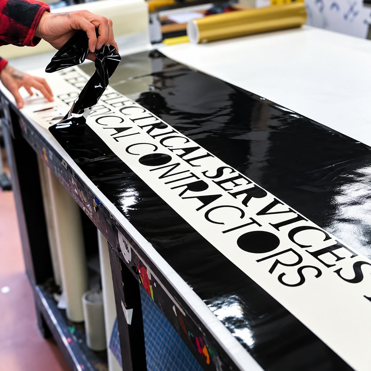 Black cut vinyl lettering laid out on a white backing sheet reading MERCHANDISE COMING SOON, ready for transfer tape application.