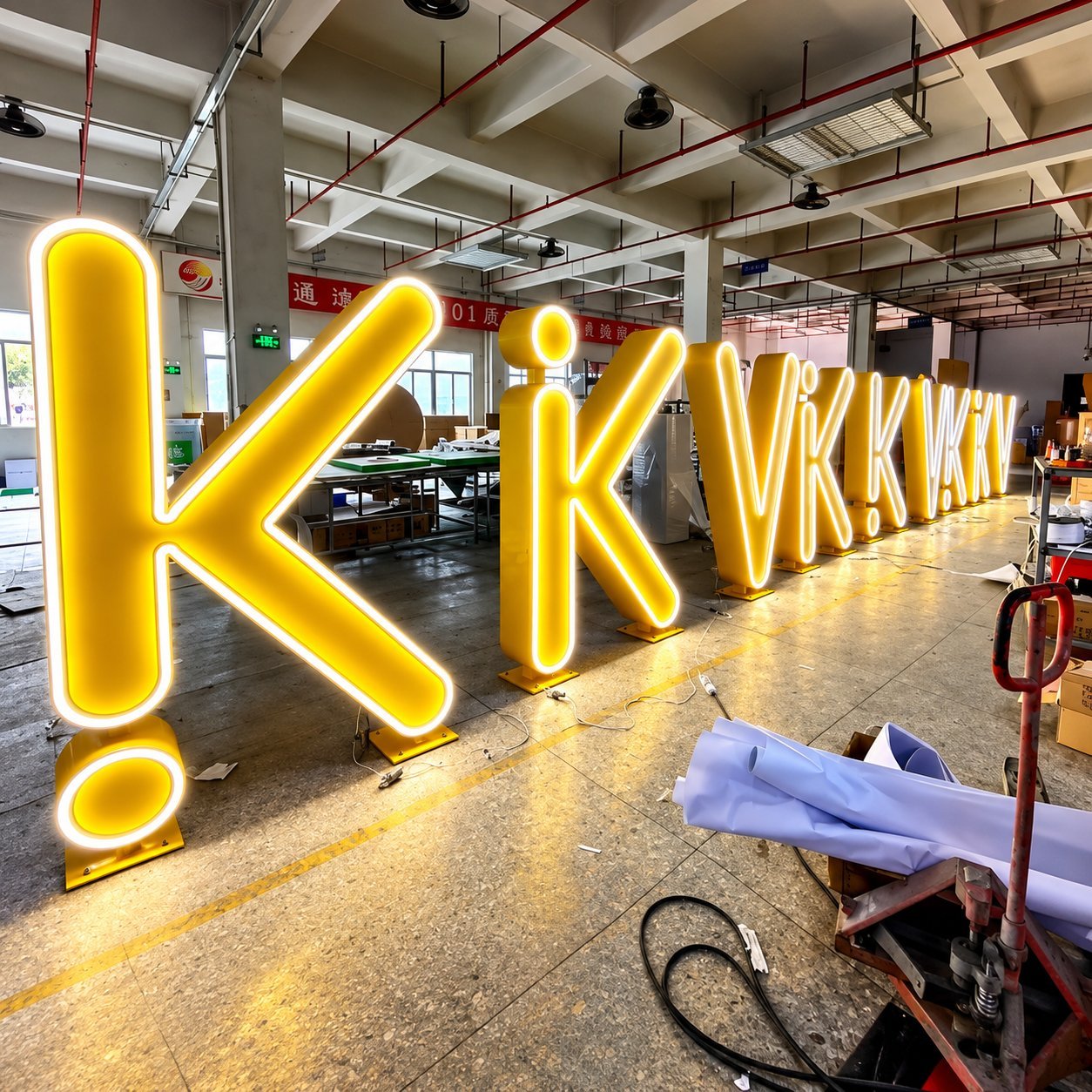 A row of oversized illuminated yellow exclamation-mark channel letters lined up on a Chinese sign factory floor, ready for QC and shipping.