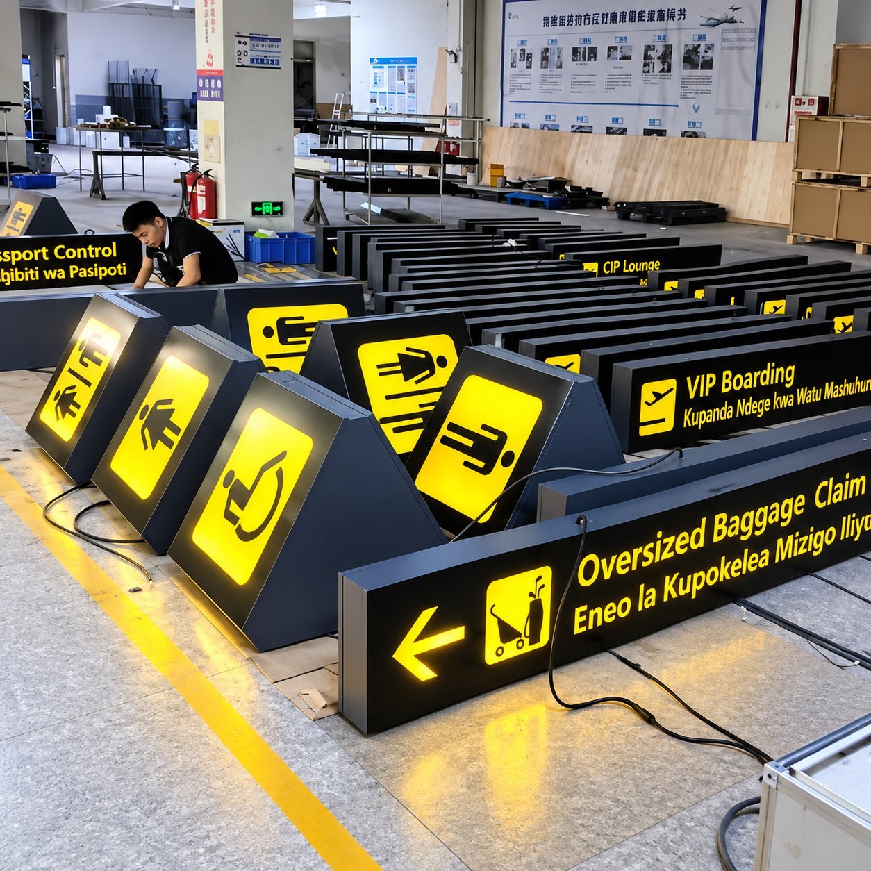 Multiple illuminated airport wayfinding signs (Oversized Baggage Claim, VIP Boarding, Passport Control) in yellow on dark housings, ready for shipment on a factory floor.