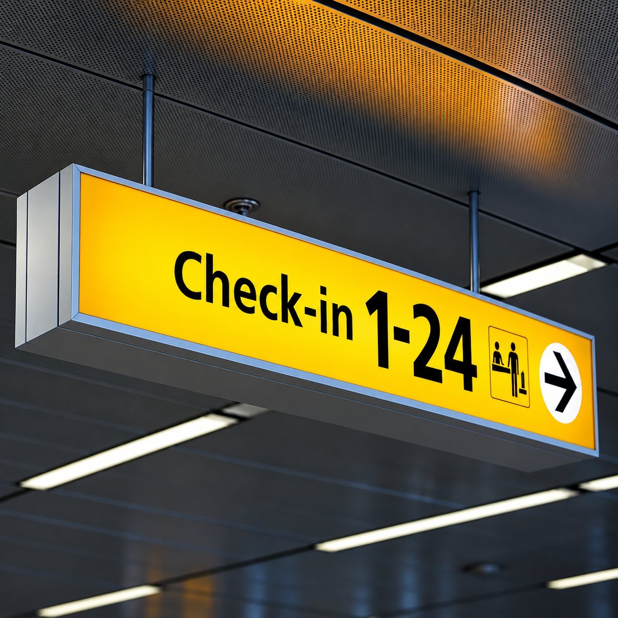 Yellow hanging airport Check-in 1-24 wayfinding sign with black text and a directional arrow — an example of high-contrast indoor signage.
