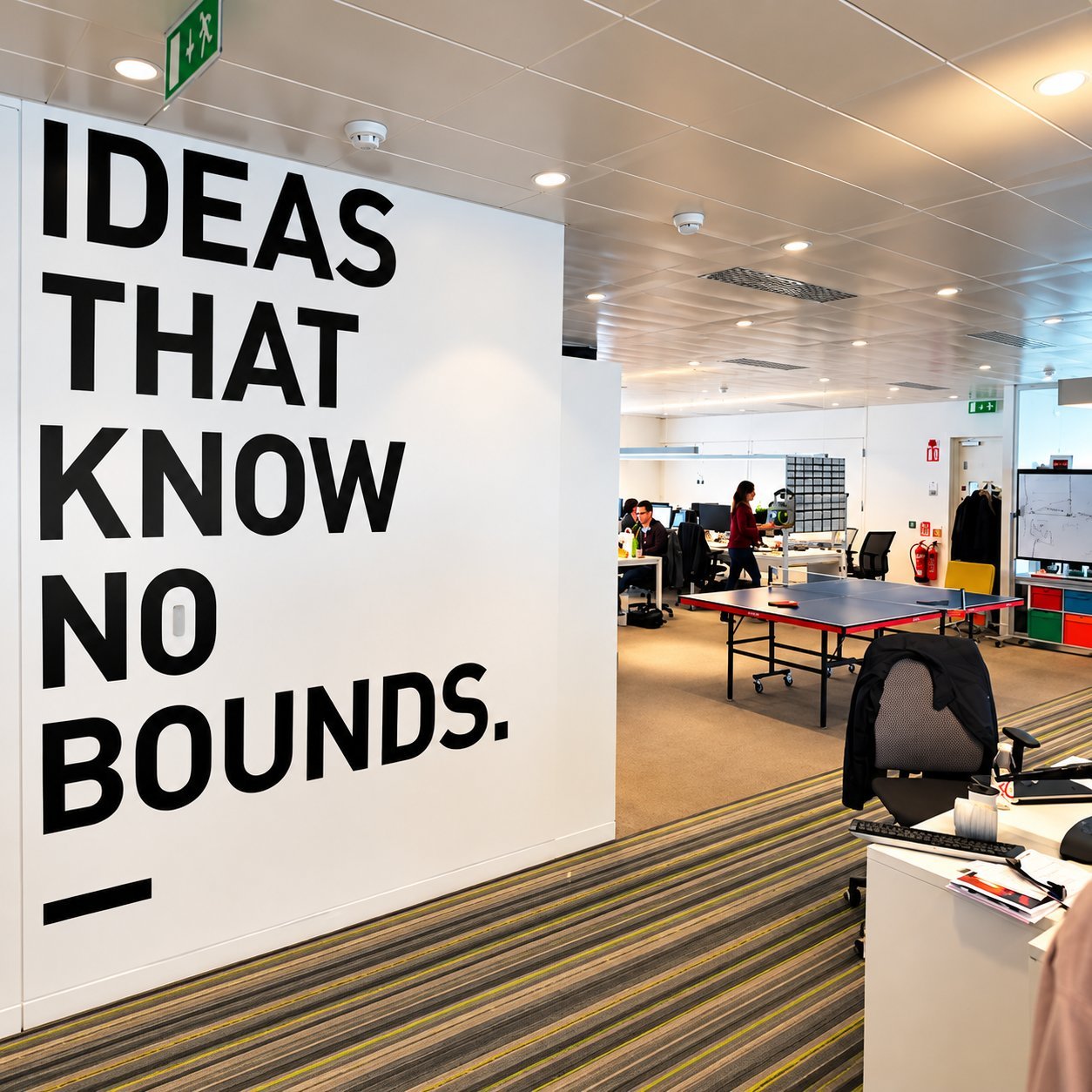 Black cut vinyl lettering reading IDEAS THAT KNOW NO BOUNDS installed on an interior office wall.