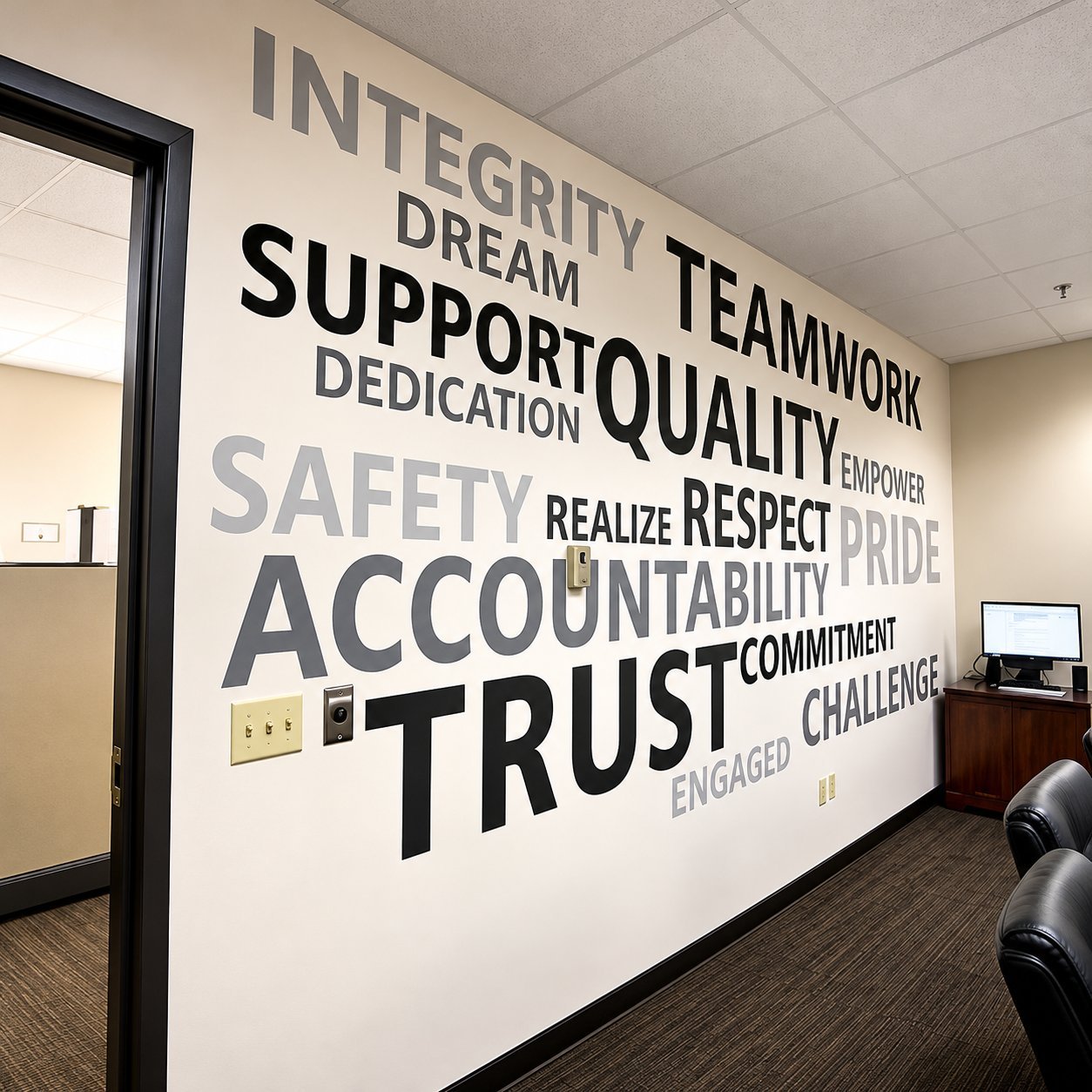 Cut vinyl lettering of values — INTEGRITY, TEAMWORK, SUPPORT, QUALITY, SAFETY, RESPECT, ACCOUNTABILITY, TRUST — installed on an interior office wall.