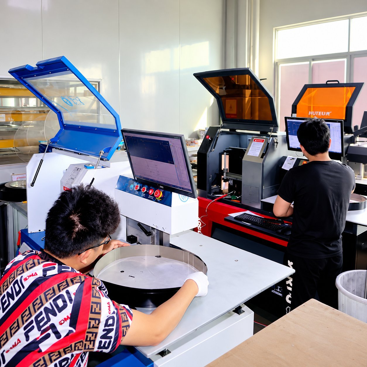 A factory technician in a Fendi-print shirt running an inspection check on a sign blank at a quality-control station with a computer monitor.